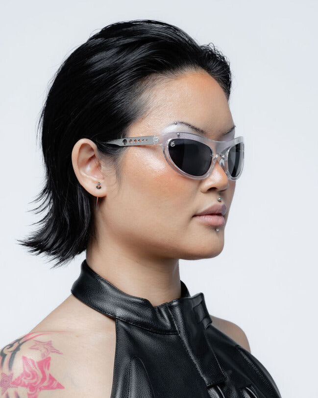 Person wearing black sunglasses with a white background